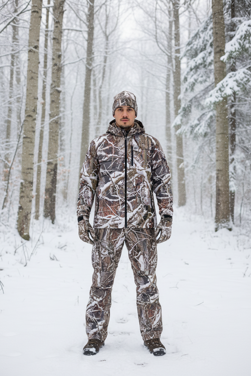 A man wearing a full-body camouflage hunting suit with a matching beanie stands in a snowy forest path.
