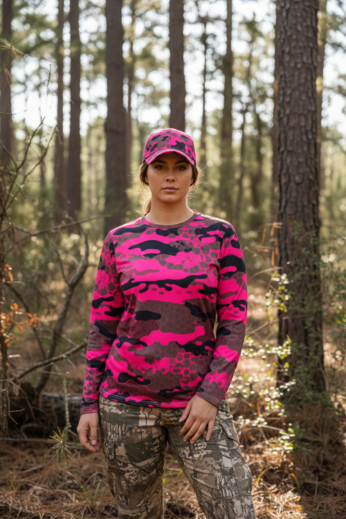 SSCS Lioness - Ladies Safety Pink Hunting Camo - Long Sleeve Cotton Field T-Shirt