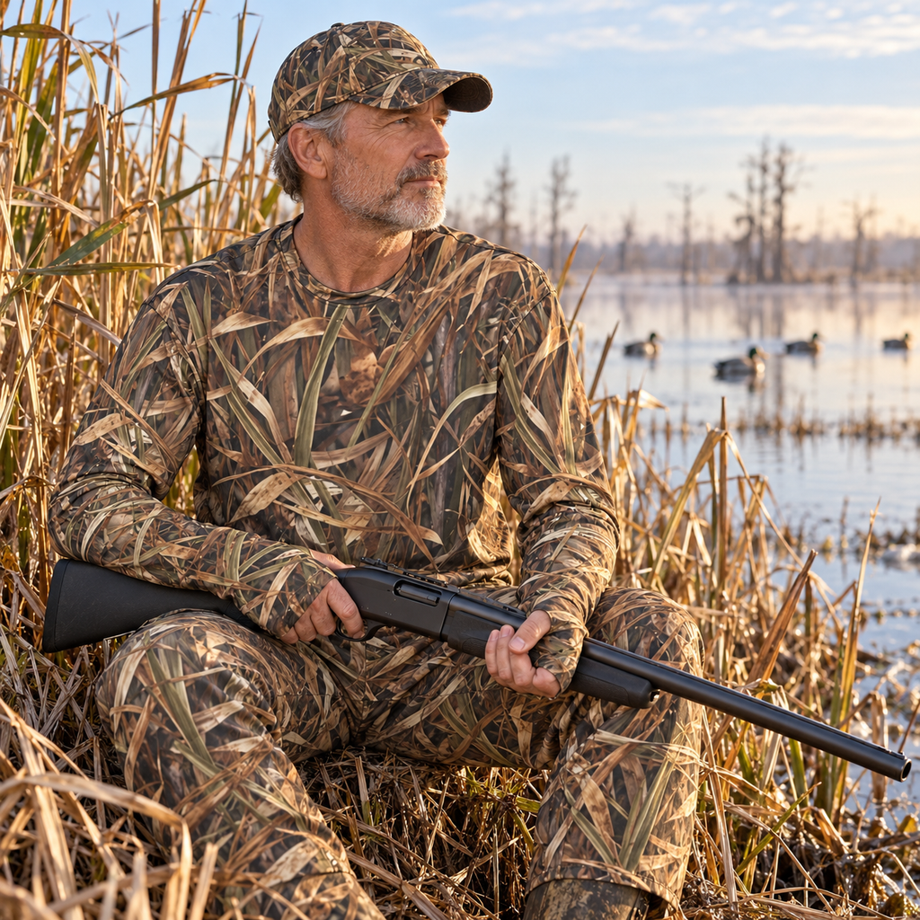 SSCS Mallard Grass thumbhole hunting shirt in wetland cover, lifestyle mockup