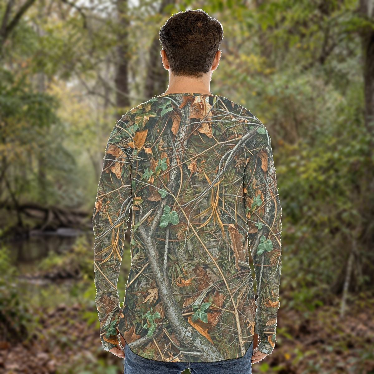 SSCS Meltdown long-sleeve stretch camo hunting shirt — outdoor composite view 1, original product preserved