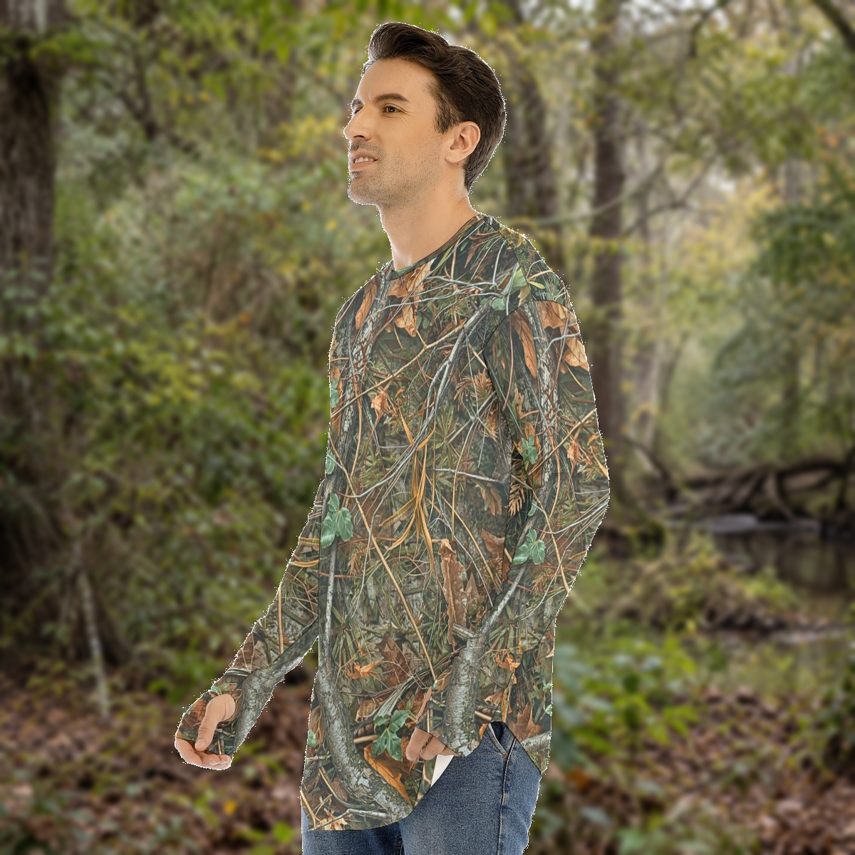 SSCS Meltdown long-sleeve stretch camo hunting shirt — outdoor composite view 2, original product preserved