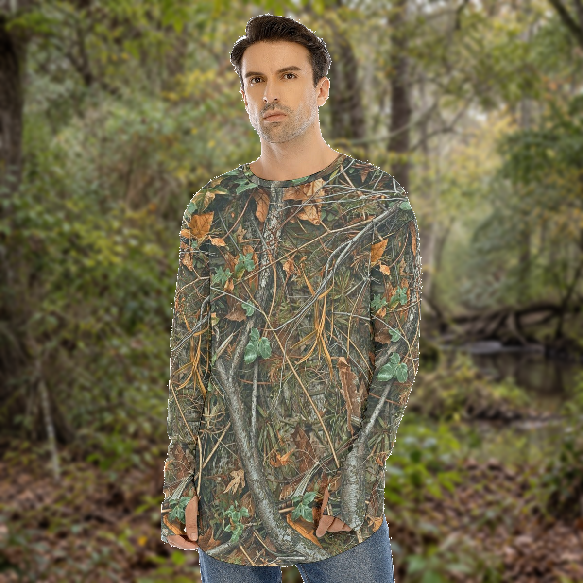 SSCS Meltdown long-sleeve stretch camo hunting shirt — outdoor composite view 4, original product preserved