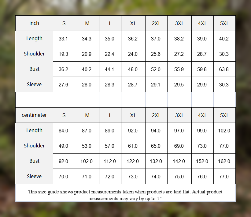 SSCS Meltdown long-sleeve stretch camo hunting shirt — original size chart with woodland border