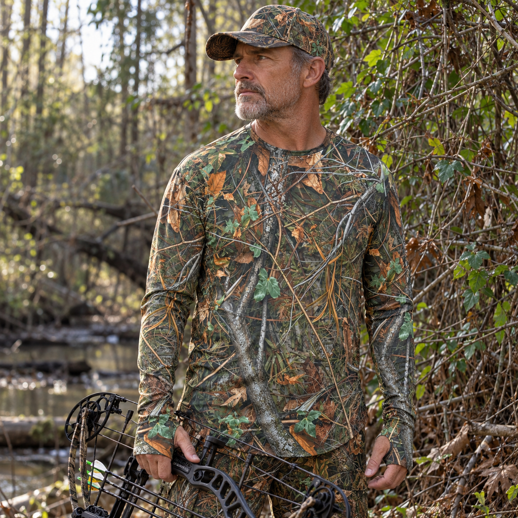 SSCS Meltdown long-sleeve stretch camo hunting shirt with thumbhole cuffs — outdoor lifestyle mockup