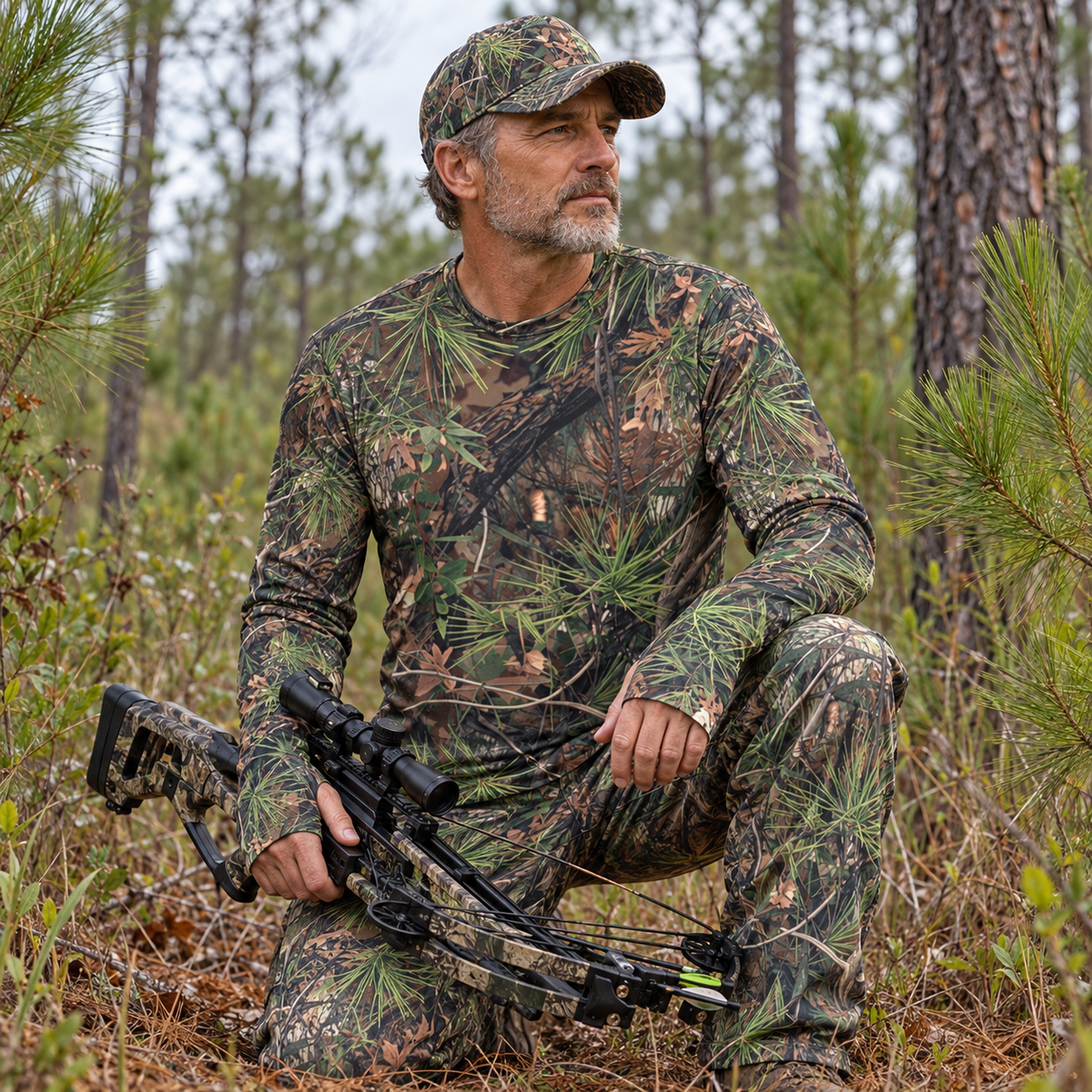 SSCS Pinewood thumbhole hunting shirt in pine cover, lifestyle mockup