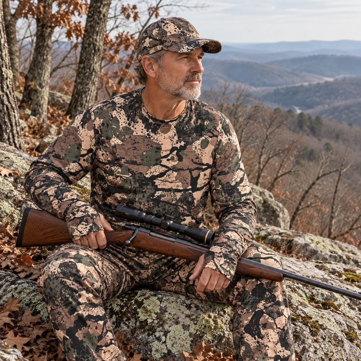 SSCS RidgeRock thumbhole hunting shirt on a wooded rocky ridge, lifestyle mockup
