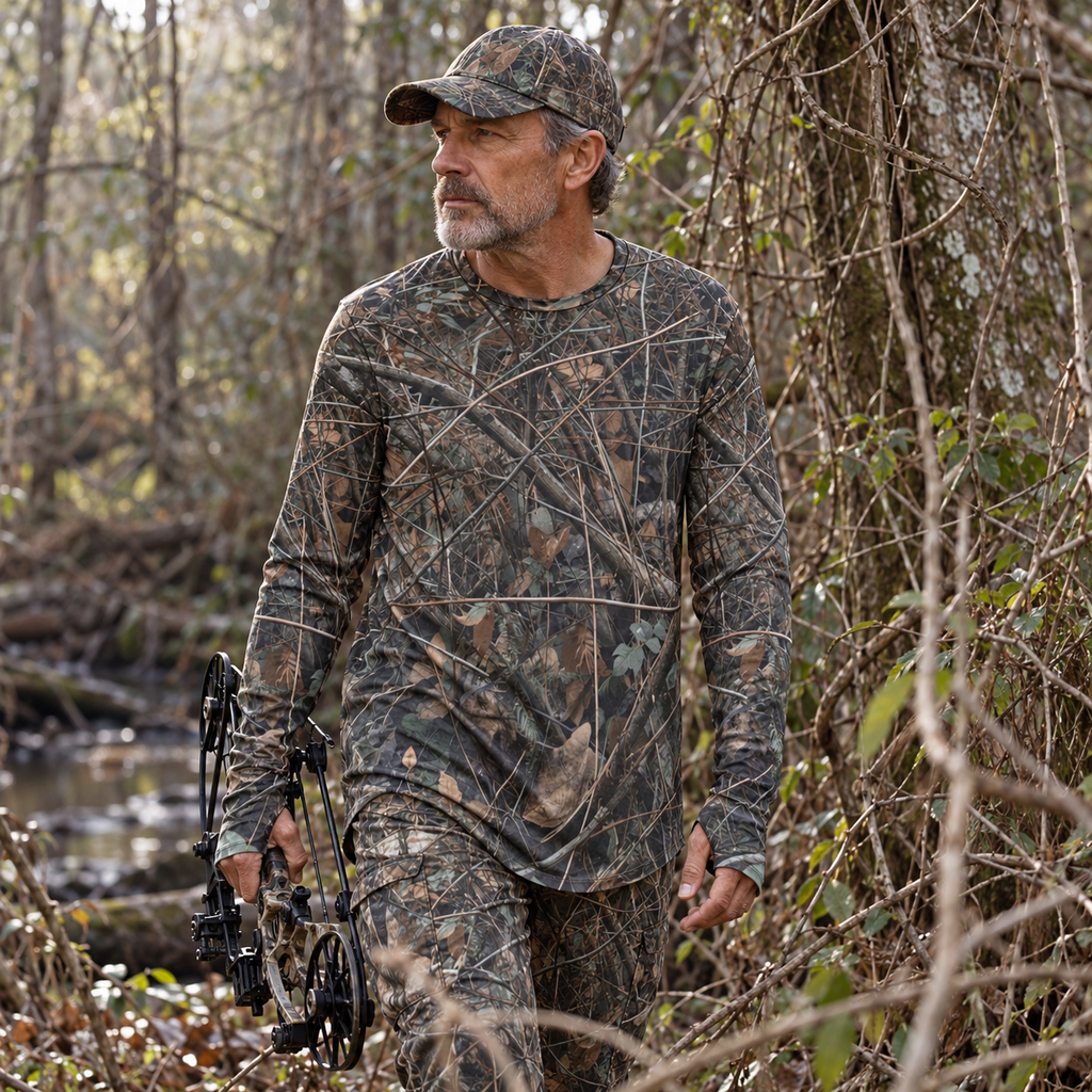 SSCS Thicket thumbhole hunting shirt in tangled woodland, lifestyle mockup