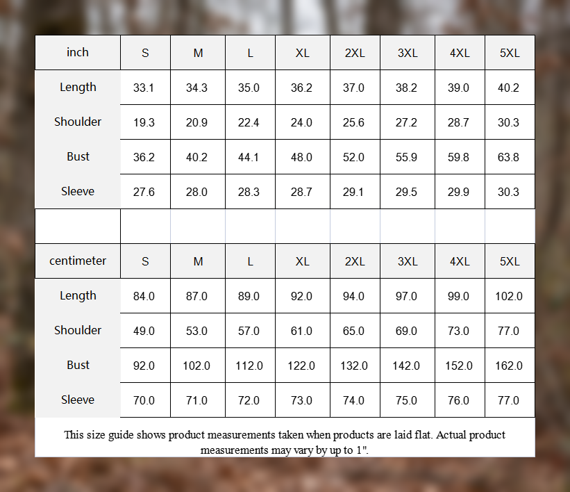 SSCS vanish hunting shirt — original size chart with outdoor border